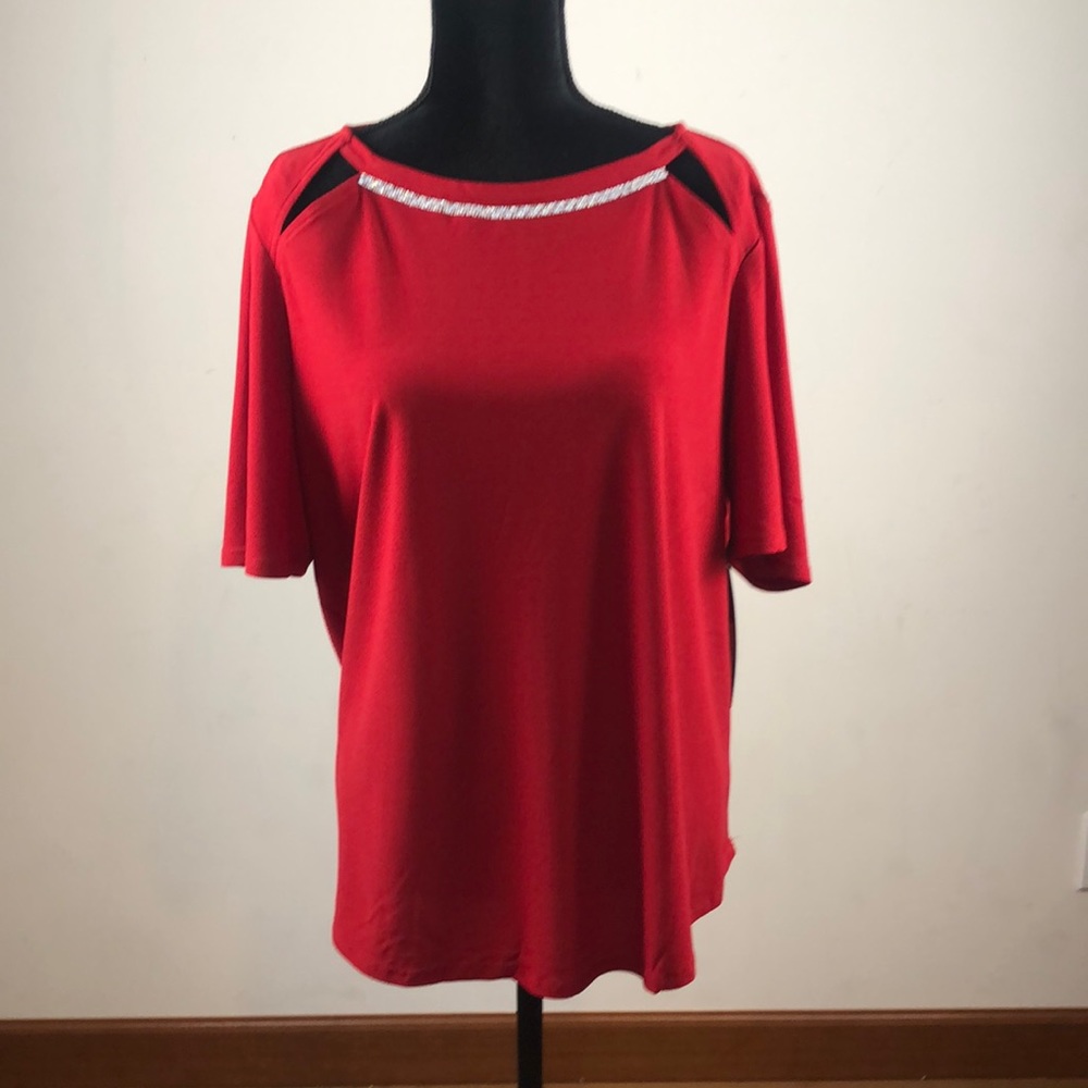 NWT!!! Love Scarlett brand red short sleeve top with bling and cutouts. Size 1X